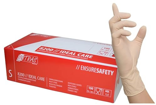 Nitras Latex-Einweghandschuhe 100 Stück/Box, lebinsmittelechte Einmalhandschuhe, EN 455 Handschuhe in Gr. XS, S, M, L, XL
