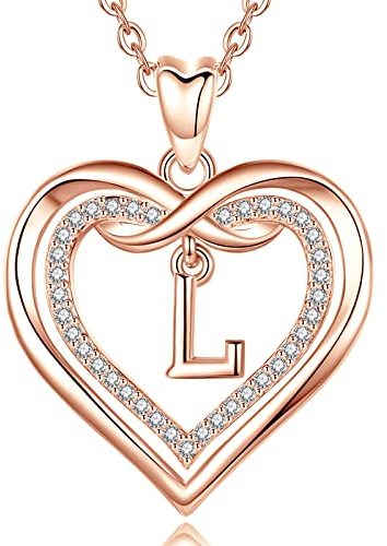 AEONSLOVE Kette mit Buchstaben Gold Namen Halskette Damen mit Buchstaben Rosegold Herz Initialen Anhänger mit Zirkonia Alphabet Charm Kupfer Schmuck für Frauen Mädchen