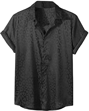 Falainetee Chemise en Soie à Manches Courtes et col boutonné pour Homme Imprimé léopard, Noir, Taille L