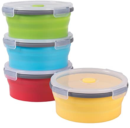 Annaklin Faltbare Frischhaltedosen mit luftdichtem Deckel, 765 ml, stapelbar, Silikon, für Reste, mikrowellen- und gefriergeeignet, spülmaschinenfest, 4 Farben, rund, 4 Stück