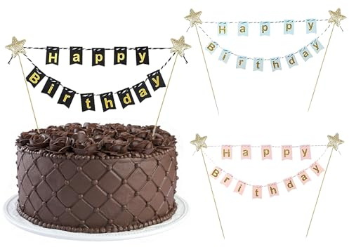 RabbFit 3 Piece Bunting Happy Birthday Cake Topper Set,Multicoloured Cake Topper Banner, Cake Decoration for Birthday, Beautiful Cake Toppers for Cake Decoration