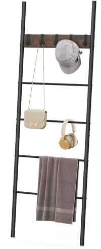 RELAX4LIFE 5-Tier Towel Ladder, Wall-Leaning Blanket Ladder Shelf with 5 Removable Hooks, Metal Frame Industrial Towel Rack Display Stand for Decorative Bathroom, Living Room