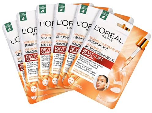 L’Oréal Paris Tuchmaske mit Vitamin C und Salicylsäure, Sofort-Glow Serum-Maske, Revitalift Clinical, 6er Pack