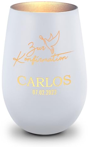 GRAVURZEILE Deko Windlicht aus Glas mit Gravur - Taube - Zur Kommunion Konfirmation & Taufe - Personalisiert mit Anlass Name Datum - Personalisierte Geschenke für Mädchen & Jungen - Weiß/Silber
