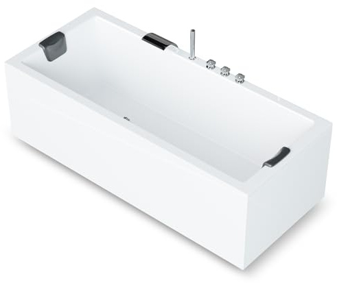 AQUADE Acryl Badewanne 180x80 Modell: Ulm - Weiß Badewanne Komplettset 180x80 - Badewannen mit Wannenfüßen + Schürze + Wannenrandarmatur + Nackenkissen