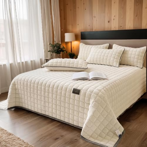OKYUK Luxus-Samt-Bettwäsche-Set, Tagesdecke, Stepp-Bettwäsche-Set, Bettüberwurf oder Sofaüberwurf,mit 2 passenden Kissenbezügen, für alle Jahreszeiten（Beige， 230 * 250cm