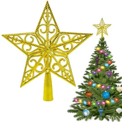Estrella para Árbol de Navidad Oro de 20cm – Brillante Punta de Árbol de Navidad con Diseño Hueco 3D y Base Estable, Topper Decorativo para Árbol Que Corona tu Decoración Festiva