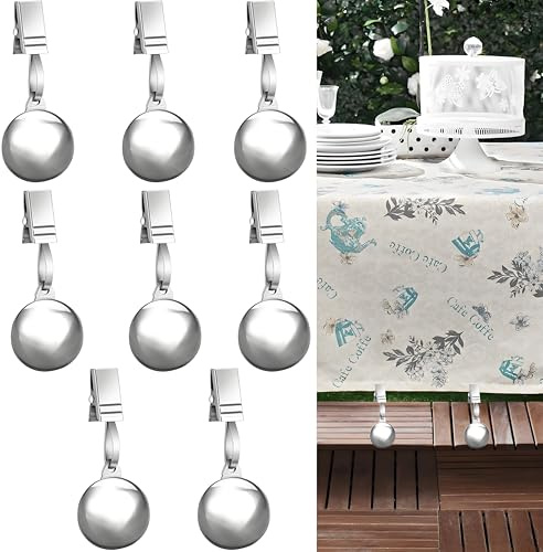 8 Pack Heavy Duty Tablecloth Weights, Stainless Steel Balls with Metal Tablecloth Clips for Outdoor Tables, Curtains, Flag, Add 19.2oz Weights for Outdoor Picnic, Family Dinner Party