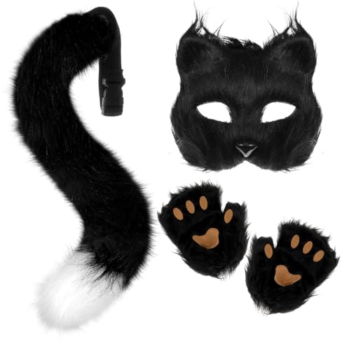 XEPST Conjunto de Disfraces de Zorro Lobo Animal, Fox Faux Fur Cola y Patas de Zorro con Máscara de Zorro para Disfraz de Animal Cosplay Cumpleaños Fiesta de Disfraces de Halloween, Negro