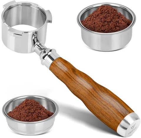 51mm Bottomless Portafilter 3 Ears with 2 Filter Baskets(Single+Double Shots), 100% Stainless Steel Portafilter Compatible with Delonghi Dedica EC680, EC685 Espresso Machine,Walnut Handle