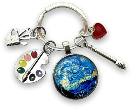 Porte-clés Van Gogh « Nuit Étoilée » – Cadeau Artiste Peintre – Cabochon Verre, Palette, Pinceau, Idée Cadeau Femme, Original, Fait Main, Création Artisanale.