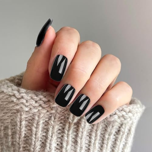 24 Piezas Uñas Postizas, Uñas Postizas Cortas con Pegamento, Uñas Postizas Removibles con Pegamento para Navidad Halloween Mujeres Niñas Accesorios para Uñas (Negro)