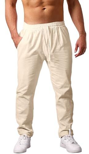 Voqeen Pantalon Lin Homme Pantalon Homme Été À Taille Élastiquée avec Poches Pantalon Homme Habillé Droit Léger Et Décontracté pour Hommes