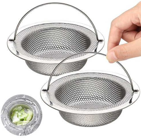 Paquete de 2 coladores de fregadero de cocina, colador grande de acero inoxidable con mango elevable, diámetro de 7,5 cm, colador de drenaje antiobstrucción, cesta de recogida de alimentos, borde