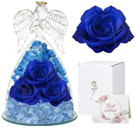 Cynrikah Rosa Stabilizzata, Vera Regalo Donna Rose Stabilizzate Eterna con Angelo Custode Statuette Regalo Anniversario, Matrimonio, Compleanno Festa della Mamma per Donna Moglie Madre(Blu)