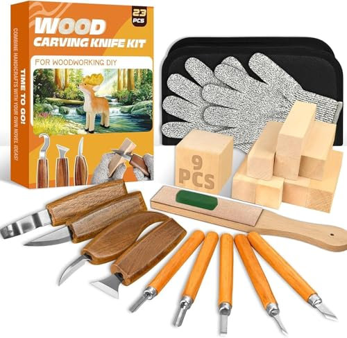 23Pcs Wood Carving Tools Kit, Hand Wood Whittling Kit for Beginners, Woodworking Carving Tool with 9 Basswood Blocks, 9 Whittling Tools, Gloves, Sharpener, PU Storage Bag