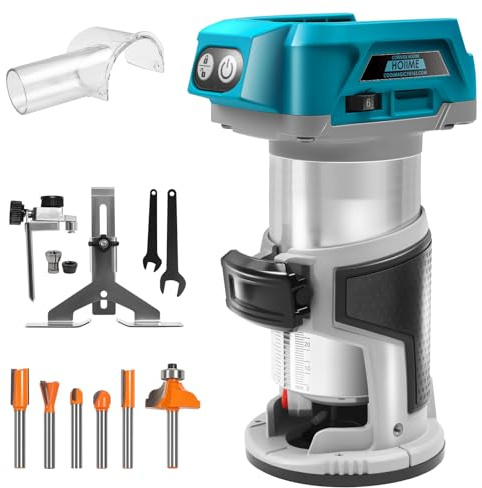 Akku Kantenfräse für Ma-kita 18V Akku, 30000 U/min Bürstenloser Trimmer mit 1/4, 6 mm und 8 mm, Akku Oberfräse Einhandfräse Holztrimmer mit 6 Geschwindigkeit, Kompaktfräse(ohne Akku)