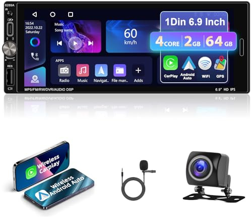 Motorsi 2+64G Carplay 1Din Car Stéréo avec GPS/WiFi, 6.9 Pouces Écran Tactile Radio Voiture, Android Autoradio Support Android Auto/MirrorLink/Bluetooth/FM/USB/AUX/EQ/RDS/SWC+Caméra Arrière