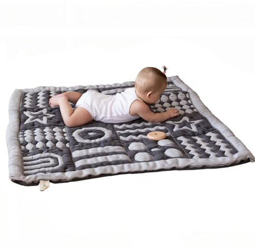 Little Dedi 3D weiche Bio-Baumwolle Krabbeldecke - GOTS Zertifiziert, 100x100 cm Grau/Blau - Montessori Design für Motorik Entwicklung, Beidseitig identisch, Keine losen Fäden - Waschbar & Nachhaltig