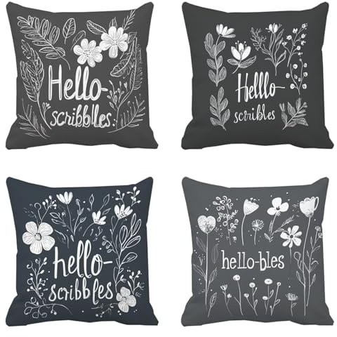 Kissenbezug 80x80 Grau 4er Set Outdoor kissen Modern Wetterfest Leinen Quadratische Kissenbezüge Doppelseitig Bedruckter Kissenhülle Summer Dekokissen für Sofa Wohnzimmer Garten Deko Pillow X-627
