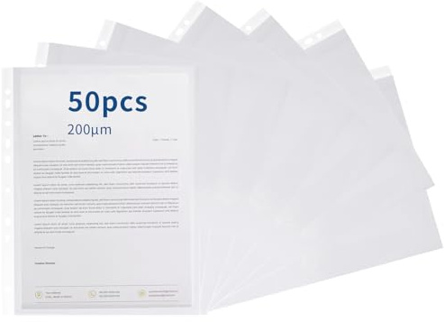Punched Pockets A4 Heavy Duty Poly Pockets A4 Clear Plastic Wallets Top Open 11 Hole Sheet Protectors for 2/3/4 Ring Binder for Filing Folders Sleeves Documents (50 Pcs-10C(0.2mm))