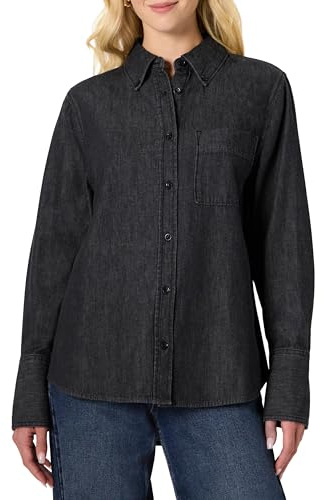 Amazon Essentials Camicia Button Down in Denim, Vestibilità Oversize Donna, Nero, XXS