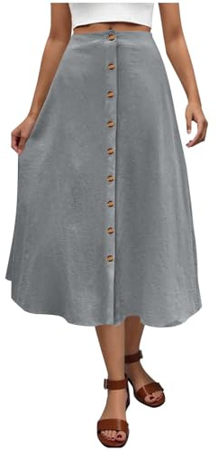 Women's Skirts Elasticated Waist Summer Lightweight Midi Skirt with Front Buttons Loose Fit Ladies Swing A Line Maxi Skirts Plus Size Casual Sun Skirt Party Club Wedding Wear Gray