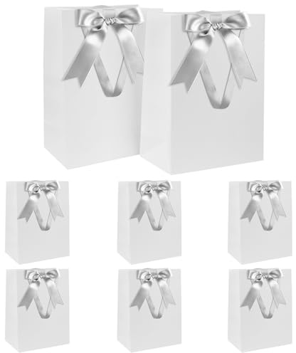 Geschenktüten Set, Weiß Geschenktüte mit Schleife Geschenktüte mit Henkel 8 Stück 21 x 31 x 12 cm Groß Geschenktüten für Weihnachten Geburtstag Hochzeit