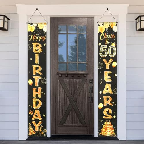 Deko 50. Geburtstag Mann Frau, 2 Stück Happy Birthday Türbanner, Schwarz Gold Banner 50 Geburtstag Mann Frau, Geburtstagsbanner Hintergrund, Party Deko Geburtstag