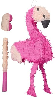 Relaxdays Pinata Flamingo, mit Stab & Maske, Partypinata Kinder, Geburtstag, zum Befüllen, HxBxT: 80 x 40 x 14 cm, pink