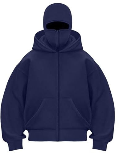 Balaklava med dubbel huva och mask, unisex-tröja, vindtät sportjacka, vindtät fleece med hel dragkedja och sportig träningsoverall, Marinblått Xsp, M