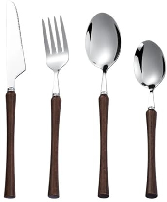 Couteau et Fourchette Service de table avec manche en bois, couverts acier inoxydable, fourchette, couteau, cuillère, service