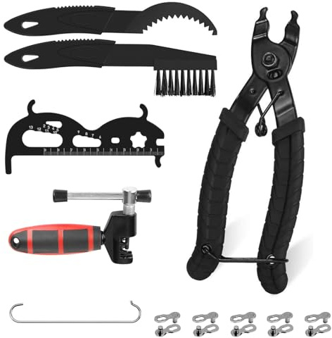 Bike Chain Repair Tools Set, Bicycle Chain Break Tool, Pliers, Brush | Chain Checker and 5 Pairs Missing Links for 6/7/8/9/10/11/12 Speed Bicycles, Road Bikes and Mountain Bikes