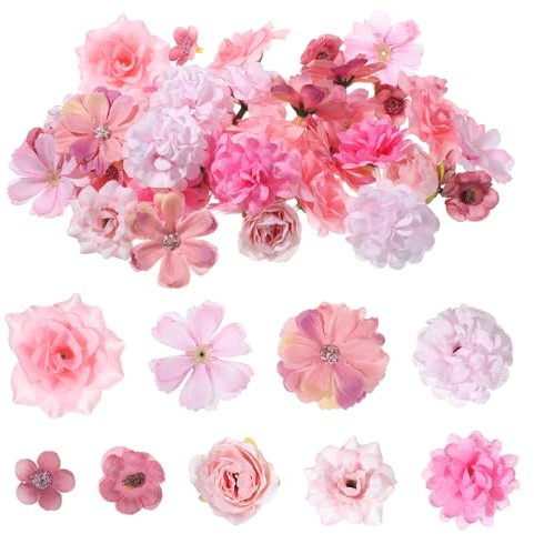 Hadnves 50 Stück Kunstblumen zum Basteln Künstliche Blumen Deko Rosa Künstlich Blütenköpfe Mini Seidenblumen Fake Blumendeko für DIY Basteln Hochzeit Tortendeko Handwerk Party Home