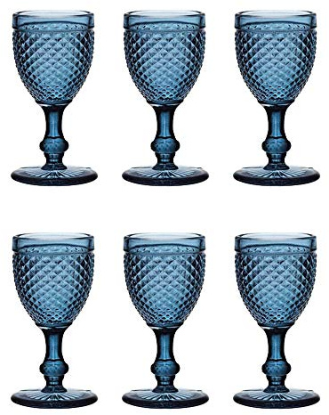 EME Mobiliario Copa de Cristal Tallado Picos en Color Azul Set 6 Unidades
