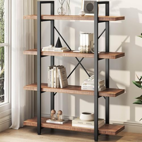HSH Standregal 105cm Eiche mit 4 Ebenen,Holz Bücherregal für Wohnzimmer | Vierstöckiges Bücherregal in Rustikaler Eiche mit Metallrahmen, Höhe 105 cm für Wohnzimmer und Büro