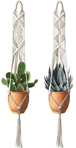 Fixinus 2 Pack Macrame Plant Hanger with Fringed Ends, 41 Cotton Woven Hanging Plant Holder Wall Hanging Planter Basket for Home Flower Indoor Outdoor Decoration