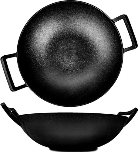Oakfire Wok Gusseisen 36cm Groß Induktion, Grill Wok Gusseisern mit Non-Stick Patina