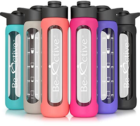Be-Active Botella de Agua Motivacional de Vidrio de 700ml | botella de agua deportiva con Tiempos de Bebida Hidratado BPA | Estuche de silicona