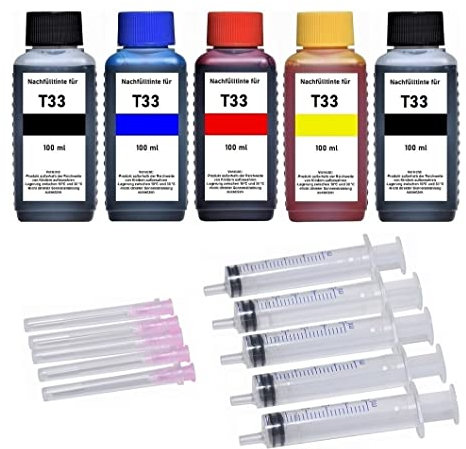 Tintenpatronen Nachfüllset - 5 x 100 ml Premium Nachfülltinte für T3331 + T3341, T3342, T3343, T3344 // T3351 + T3361, T3362, T3363, T3364 / T33 XL