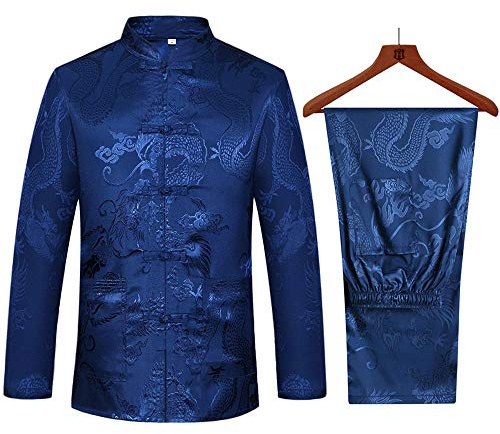 wecotton Tang Suit Men Hanfu Chinese Traditional Clothes Kung Fu Shirt Uniform Long Sleeved Coat Tops and Pants, Navy Blue, Medium