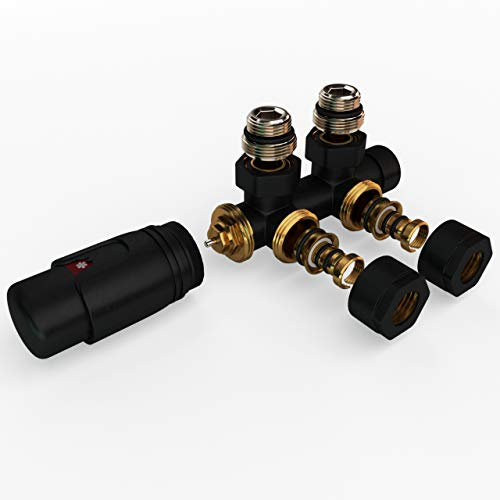 Design Multiblock für Heizkörper – Mittelanschluss-Set in Eckform Schwarz mit 50 mm Nabenabstand – Hahnblock, Thermostatventil, Anschlussarmatur für Kunststoff- und Kupferrohre