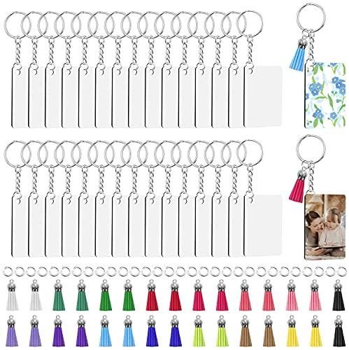 CDIYTOOL Lot de 30 Porte-clés Vierges de Sublimation avec Sublimation rectangulaire, Pompons, Anneaux Porte-clés et Anneaux Ouverts pour Loisirs créatifs(30 Sets)