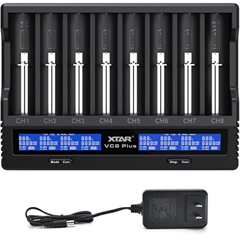 8 bays 21700 18650 Battery Charger XTAR New VC8 Plus 21700 Smart Charger with LCD Display,1A*8 Fast Charger for 3.6V 3.7V Li-ion 10440 18700 26650 1.2V Ni-MH AA AAA C Full Set with DC 12V 3A Adapter