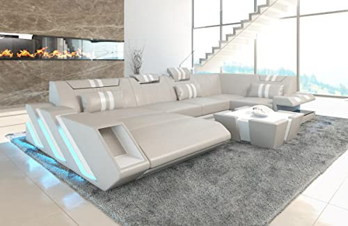 Sofa Apollonia U Form Wohnlandschaft Leder Couch mit LED Ledersofa mit Ottomane (Ottomane Links, Beige-Weiß)