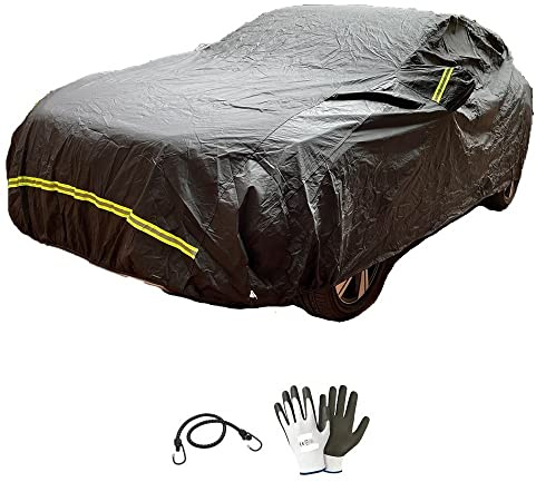 Compatible con Hyundai i20 1.0 120CV T-GDI 5 Porte Style Funda Coche Anti Granizo Felpato Impermeable ANTICONGELANTE Negro Franjas Reflectantes-Fluo 432X185X120CM Cremallera Lateral