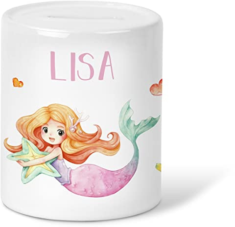 GRAVURZEILE Spardose für Kinder - im Meerjungfrau Design - Personalisiert mit Name - Geschenk für Jungen & Mädchen zum Geburtstag Kommunion Geburt Einschulung Weihnachten