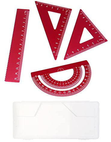 HEVSTIL Rotes Aluminium-Lineal-Set, 4 Stück, dreieckiges Lineal, Winkelmesser, gerades Lineal, metrisches System, Messwerkzeug, Schreibwaren für Architekten, Zeichner, Ingenieure, Studenten