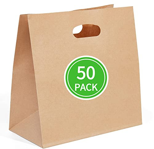 PAICUIKE 50 Pcs 11x6x11 Die Cut Tote Brown Paper Bags with Handle Bulk, Kraft Paper Grocery/Takeout Bags for Restaurant, Bakery, Retail