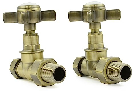 Hot Flow | Bayou Cross-Head Traditional Manual Straight Radiator Valves (Pair) (Antique Brass)